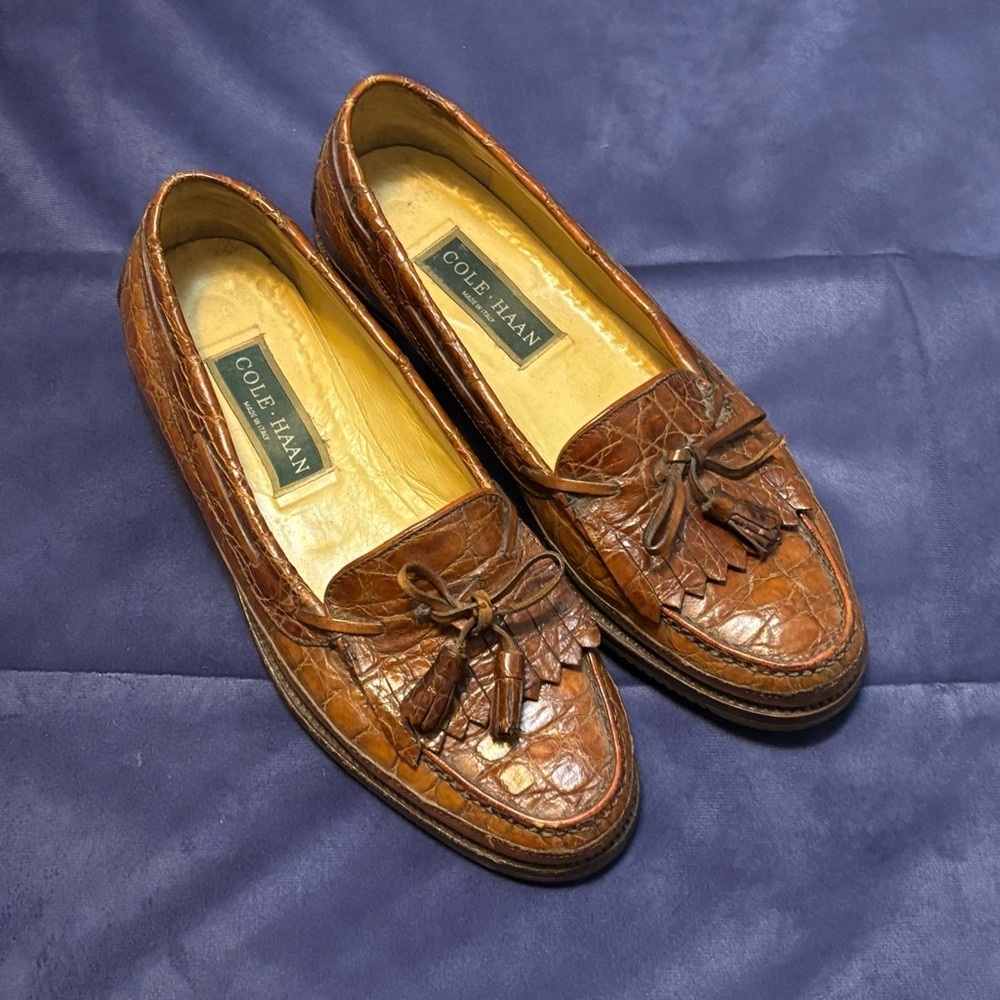 Cole Haan Crocodile Men's Brown Fringe Tassle Loafers - Italy - 10.5D